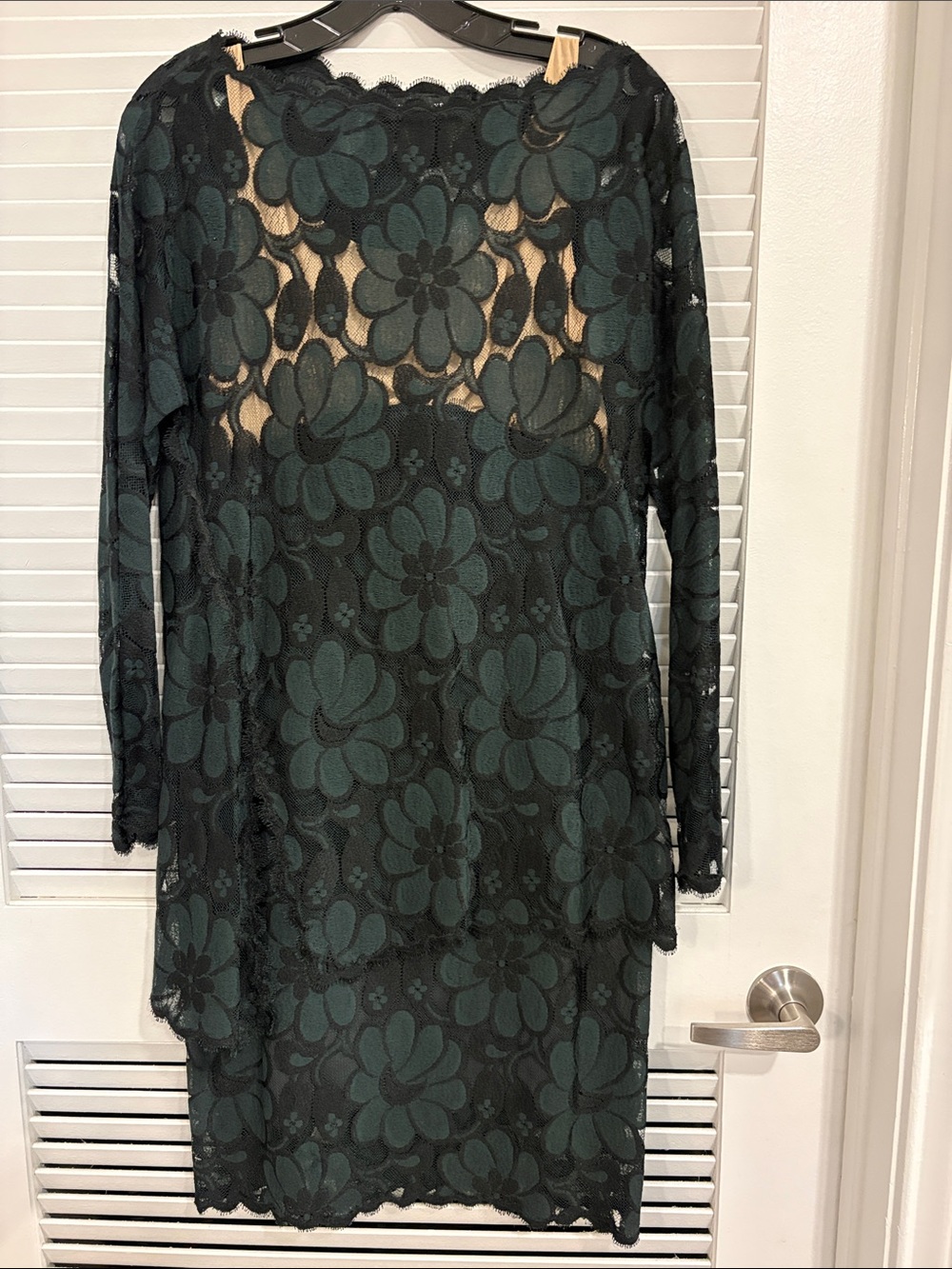 Geoffrey Beene Lace Dress Green Black Floral Sheer Overlay